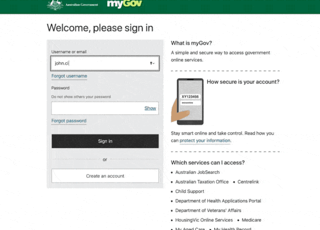 myGov login screen with username/email form, password field and Sign in button