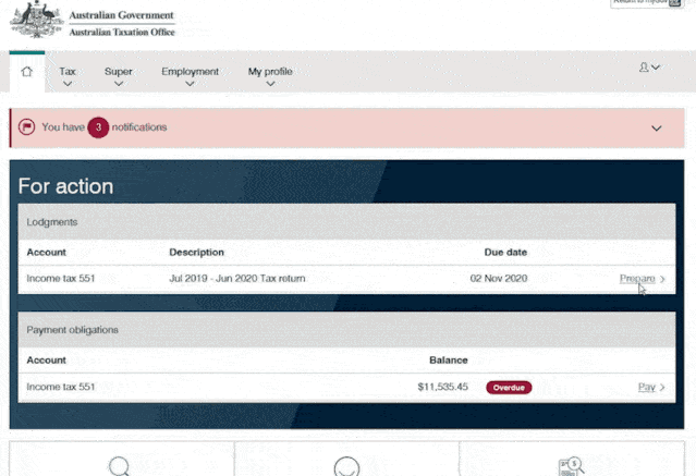 ATO Online Services dashboard showing the 'For action' section with the tax return lodgment item and a Prepare button
