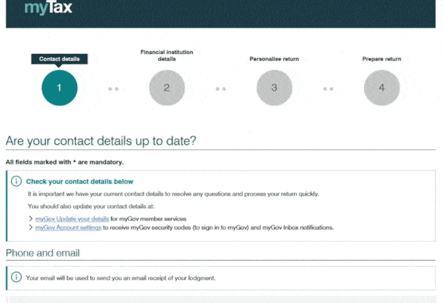 myTax screen showing step 1 of 4: Contact details with a question asking if contact details are up to date