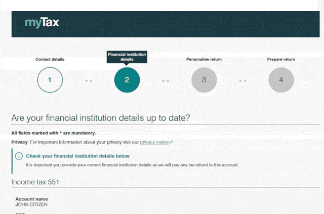 myTax screen showing step 2 of 4: Financial institution details with bank account details for the refund deposit