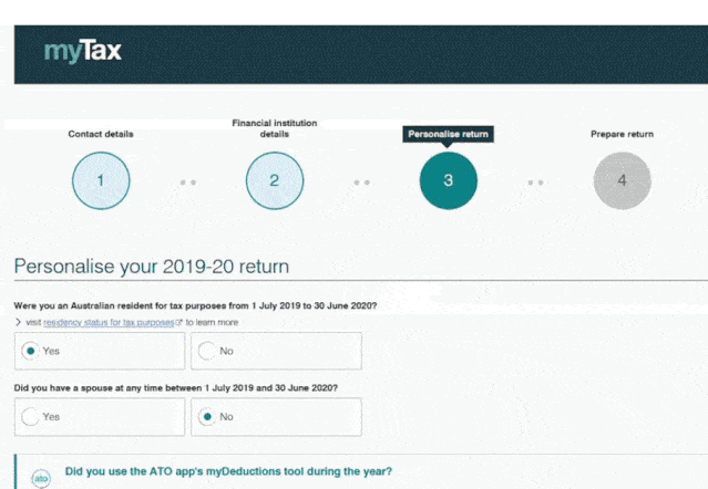 myTax screen showing step 3 of 4: Personalise return with a question about Australian tax residency in the financial year