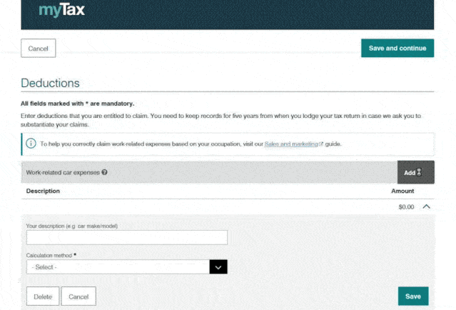 myTax deductions screen showing the work-related car expenses form with description and calculation method fields