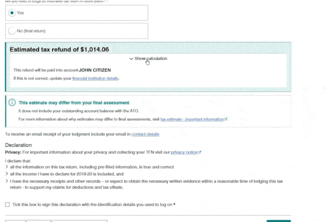 Final myTax screen showing an estimated refund of $1,014.06 and the Declaration section for signing and submitting