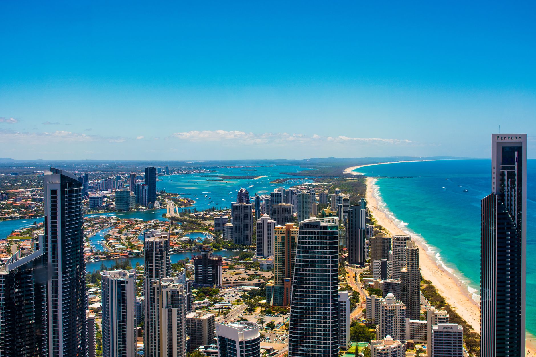 Aerial view of Surfers Paradise, Gold Coast, with skyscrapers, beach and canals
