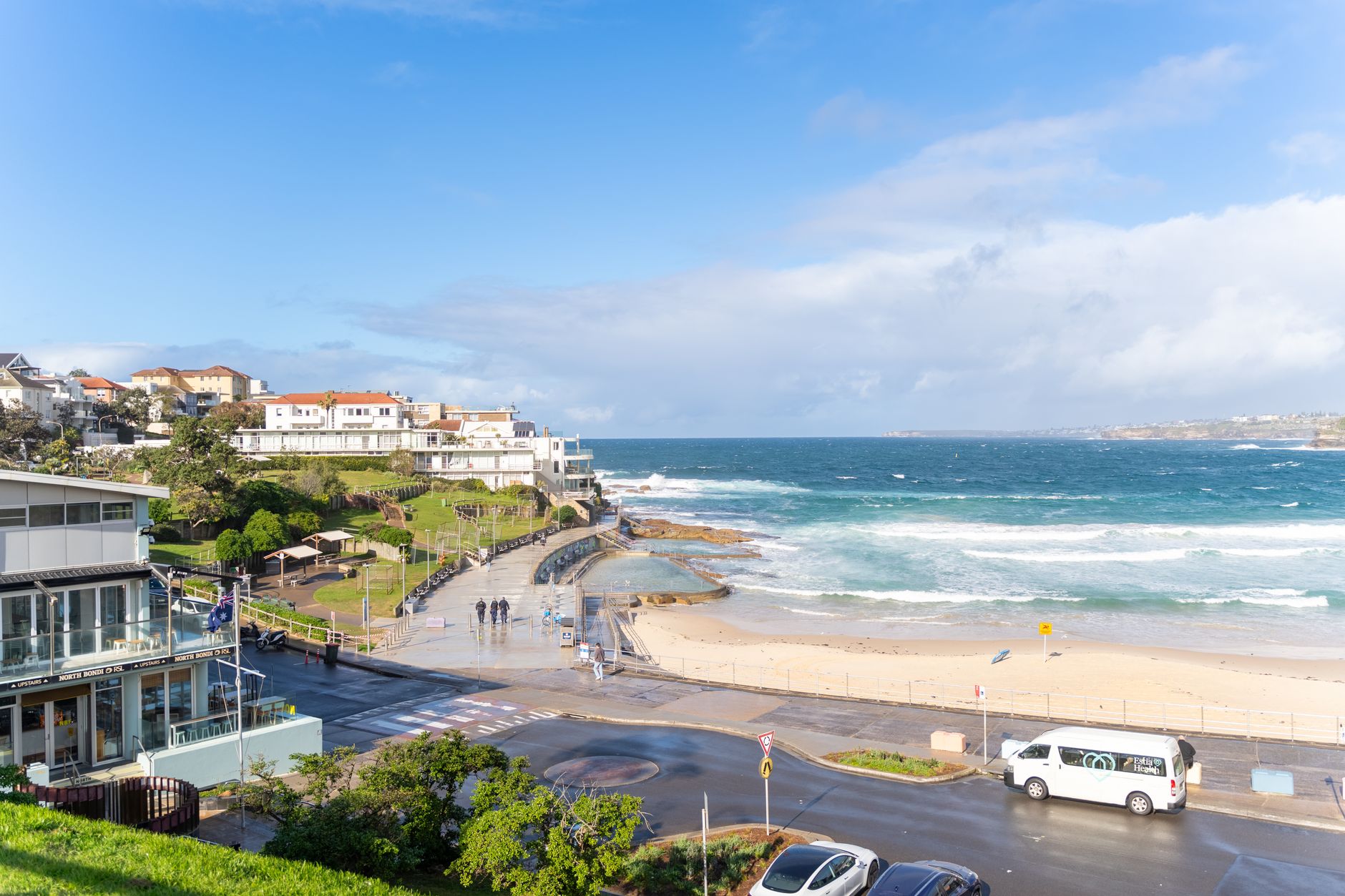 View of residential buildings and North Bondi beach in Sydney