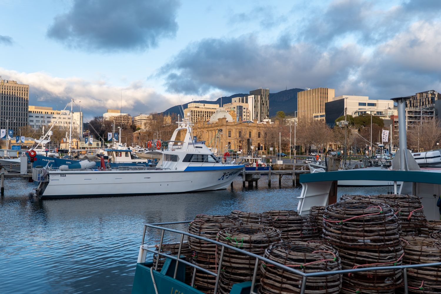 Fishing boats anchored on the Hobart waterfront, with historic buildings and Mount Wellington in the background